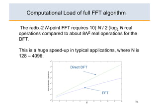 Computational Load of full FFT algorithm

The radix-2 N-point FFT requires 10( N / 2 )log2 N real
operations compared to about 8N2 real operations for the
DFT.

This is a huge speed-up in typical applications, where N is
128 – 4096:

                         Direct DFT




                                        FFT

                                                         76
 