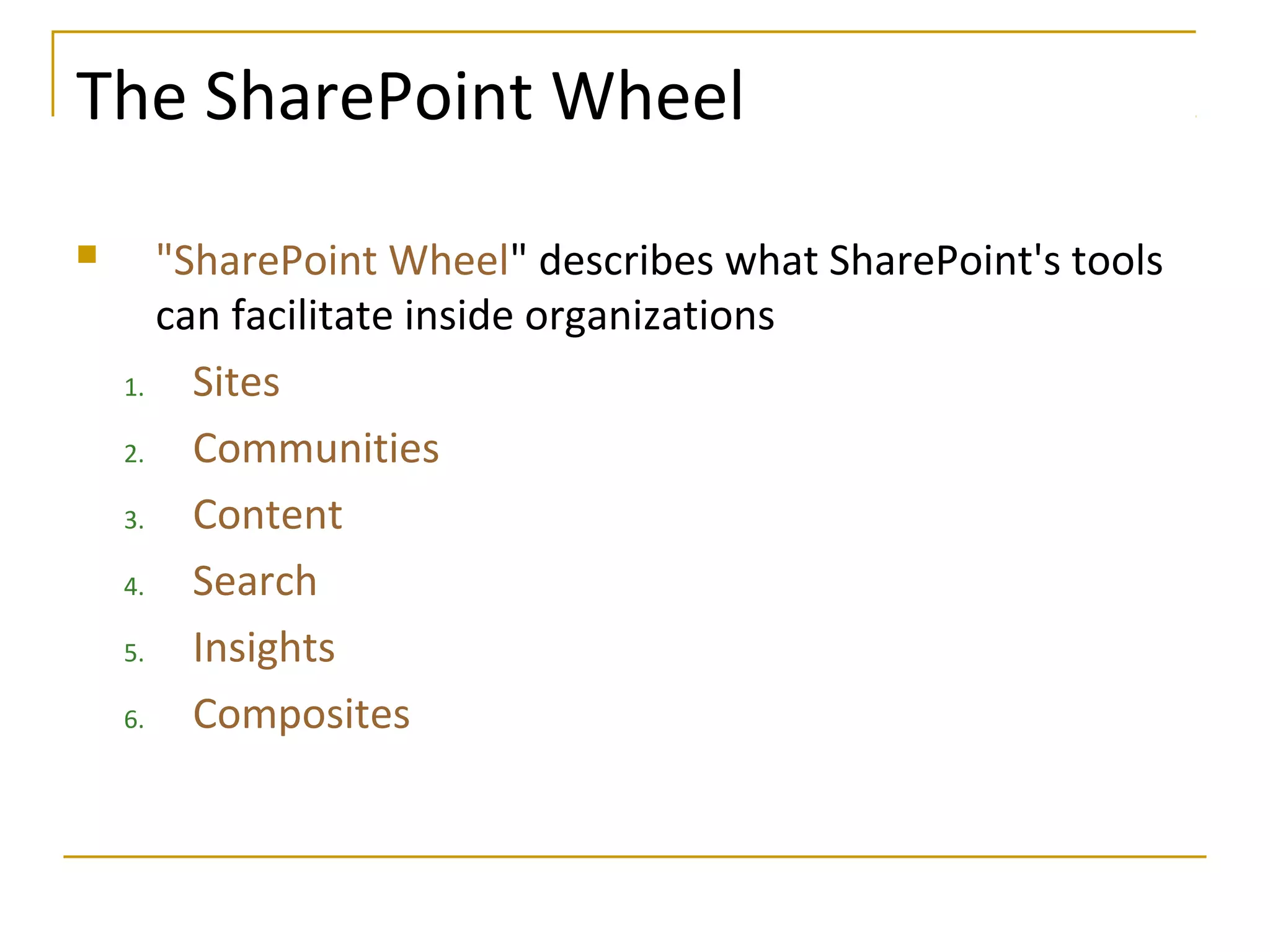 The SharePoint Wheel
 "SharePoint Wheel" describes what SharePoint's tools
can facilitate inside organizations
1. Sites
2. Communities
3. Content
4. Search
5. Insights
6. Composites
 