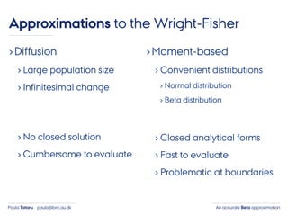 An accurate Beta approximationPaula Tataru paula@birc.au.dk
›Diffusion
› Large population size
› Infinitesimal change
› No closed solution
› Cumbersome to evaluate
›Moment-based
› Convenient distributions
› Normal distribution
› Beta distribution
› Closed analytical forms
› Fast to evaluate
› Problematic at boundaries
Approximations to the Wright-Fisher
 