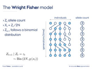 An accurate Beta approximationPaula Tataru paula@birc.au.dk
The Wright Fisher model
› Zt allele count
› Xt = Zt /2N
› Zt+1 follows a binomial
distribution
individuals
generations(time)
3
2
3
3
4
5
5
allele count
 
