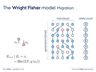 An accurate Beta approximationPaula Tataru paula@birc.au.dk
The Wright Fisher model: Migration
individuals
generations(time)
3
2
3
5
4
2
3
allele count
m1 m2
 