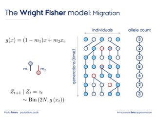 An accurate Beta approximationPaula Tataru paula@birc.au.dk
The Wright Fisher model: Migration
individuals
generations(time)
3
2
3
5
4
2
3
allele count
m1 m2
 