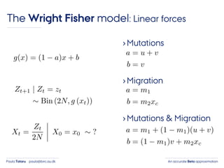 An accurate Beta approximationPaula Tataru paula@birc.au.dk
The Wright Fisher model: Linear forces
›Mutations
›Migration
›Mutations & Migration
 