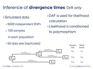 An accurate Beta approximationPaula Tataru paula@birc.au.dk
›Simulated data
› 5000 independent SNPs
› 100 samples
in each population
› 50 data sets (replicates)
›DAF is used for likelihood
calculation
›Likelihood is conditioned
to polymorphism
Inference of divergence times: Drift only
 