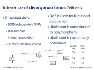 An accurate Beta approximationPaula Tataru paula@birc.au.dk
›Simulated data
› 5000 independent SNPs
› 100 samples
in each population
› 50 data sets (replicates)
›DAF is used for likelihood
calculation
›Likelihood is conditioned
to polymorphism
›Likelihood is numerically
optimized
Inference of divergence times: Drift only
 