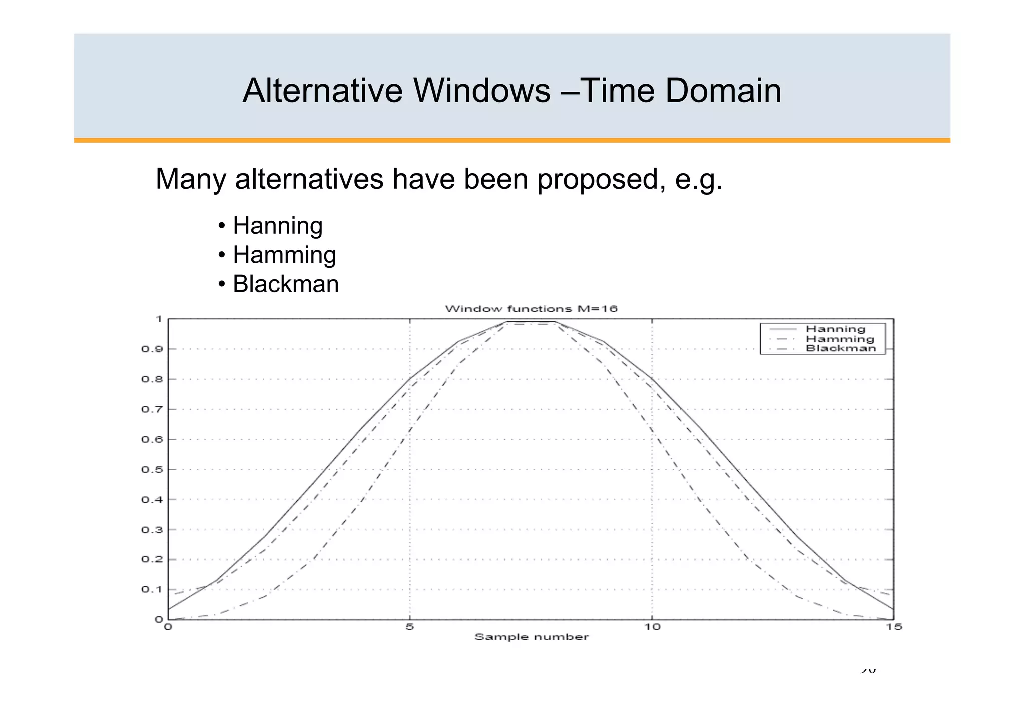 Alternative Windows –Time Domain

Many alternatives have been proposed, e.g.
    •  Hanning
    •  Hamming
    •  Blackman




                                             90
 