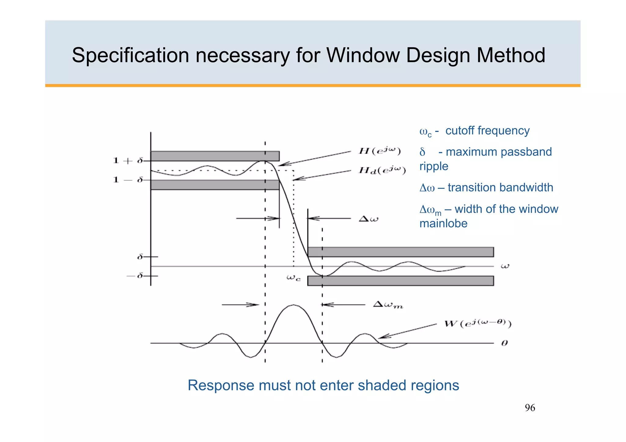 Specification necessary for Window Design Method


                                           ωc - cutoff frequency
                                           δ  - maximum passband
                                           ripple
                                           Δω – transition bandwidth
                                           Δωm – width of the window
                                           mainlobe




           Response must not enter shaded regions
                                                               96
 