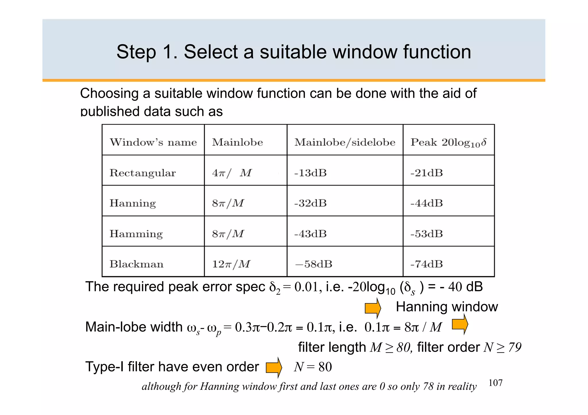 Step 1. Select a suitable window function

Choosing a suitable window function can be done with the aid of
published data such as




The required peak error spec δ2 = 0.01, i.e. -20log10 (δs ) = - 40 dB
                                                     Hanning window
Main-lobe width ωs- ωp = 0.3π 0.2π = 0.1π, i.e. 0.1π = 8π / M
                                   filter length M ≥ 80, filter order N ≥ 79
Type-I filter have even order      N = 80
         although for Hanning window first and last ones are 0 so only 78 in reality   107
 