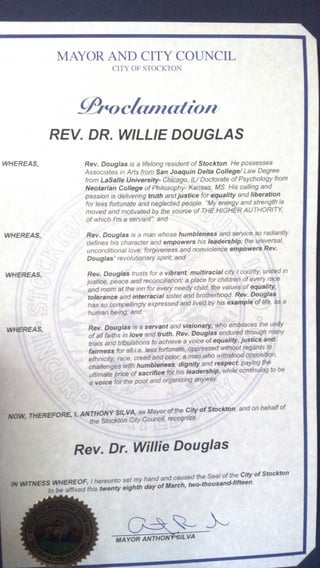 Proclamation presented to Willie A. Douglas by the Mayor during City Council meeting on April 7, 2015