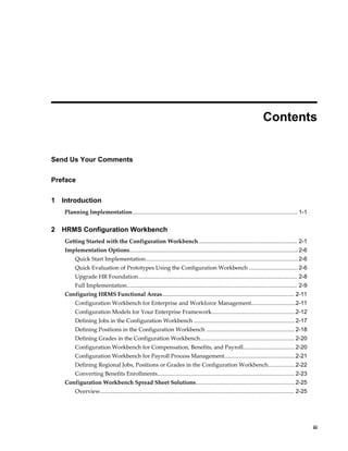     iii
 
Contents
Send Us Your Comments
Preface
1 Introduction
Planning Implementation......................................................................................................... 1-1
2 HRMS Configuration Workbench
Getting Started with the Configuration Workbench............................................................... 2-1
Implementation Options........................................................................................................... 2-6
Quick Start Implementation.................................................................................................2-6
Quick Evaluation of Prototypes Using the Configuration Workbench ............................... 2-6
Upgrade HR Foundation..................................................................................................... 2-8
Full Implementation............................................................................................................ 2-9
Configuring HRMS Functional Areas.................................................................................... 2-11
Configuration Workbench for Enterprise and Workforce Management............................2-11
Configuration Models for Your Enterprise Framework.....................................................2-12
Defining Jobs in the Configuration Workbench ................................................................ 2-17
Defining Positions in the Configuration Workbench ........................................................ 2-18
Defining Grades in the Configuration Workbench............................................................ 2-20
Configuration Workbench for Compensation, Benefits, and Payroll.................................2-20
Configuration Workbench for Payroll Process Management.............................................2-21
Defining Regional Jobs, Positions or Grades in the Configuration Workbench.................2-22
Converting Benefits Enrollments....................................................................................... 2-23
Configuration Workbench Spread Sheet Solutions............................................................... 2-25
Overview........................................................................................................................... 2-25
 