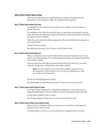 Implementation Steps    3-31
Define Grade Flexfield Optional Steps
After you have specified your requirements for recording and reporting Grade
information in your enterprise, follow this implementation sequence:
Step 15: Define Grade Flexfield Value Sets
To validate the values which a user can enter for any segment, you must define a
specific Value Set.
The attributes of the Value Set control the type of values that can be entered, and how
many characters each segment can hold. The attributes of the Value Set also control how
the values are to be validated.
Value Sets can be shared by different segments of the same flexfield, or by segments of
any other flexfield.
Use the Value Set window.
See: Defining Value Sets, Oracle E-Business Suite Flexfields Guide
Step 16: Define Grade Flexfield Segments
Define a structure for your Grade Flexfield which contains the segments you want to
use for your business group. You use this structure to create your unique Grade Names
in the Grades window.
You must enter Yes in the Allow Dynamic Inserts field. If you enter No, you cannot
create new grade name combinations in the Grades window.
Note: You do not need to use a Value Set to validate a segment. If you
do not specify a Value Set then a user can enter any alphanumeric value
up to a limit of 150 characters.
Use the Key Flexfield Segments window.
See: Defining Key Flexfield Structures, Oracle E-Business Suite Flexfields Guide
Step 17: Define Grade Flexfield Segment Values
If you have chosen Independent or Dependent validation for a Value Set used by a
Grade Flexfield Segment, you must define your list of valid values for the Value Set.
Use the Define Segment Values window
See: Defining Segment Values, Oracle E-Business Suite Flexfields Guide
Step 18: Define Grade Flexfield Cross Validation Rules
Define any Cross Validation Rules you want to use to control the combinations of
segment values a user can enter.
You define Rules to Include or Exclude combinations of segment values. For each
 