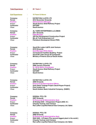 Tota l Experience : 20 Years + 
Gulf Experience : 10 Years & Above 
Company : DAYIM PUNJ LLOYD LTD 
Period : 2012 November Onwards 
Position : Administration Manager 
Project : Saudi Aramco Shell Refinery Project 
Contractor : SATORP 
Client : Saudi Aramco 
Company : AL TURKI ENTERPRISES LLC,OMAN 
Period : 2011 Onwards 
Position : P&A Manager 
Project : Off Plot Development Construction Project 
Contractor : M/s Al Turki Enterprises LLC 
Client : Petroleum Developmet Oman( PDO) 
Company : Saudi Bin Laden IL&FS Joint Venture 
Period : 2010 Onwards 
Position : Asst.Manager HR & Admin 
Project : Correctional Facilities Building Project 
Contractor : Saudi Bil Ladin Group Of Companies 
Client : Ministry of Interior,Govt.of Saudi Arabia 
Company : DAYIM PUNJ LLOYD LTD 
Period : 2009 January Onwards 
Position : Sr. HR & Admin Coordinator 
Project : Saudi Aramco Shell Refinery Project 
Contractor : SATORP 
Client : Saudi Aramco 
Company : DAYIM PUNJ LLOYD LTD 
Period : 2008 Onwards 
Position : Personnel & Administrative Officer. 
Project : Early Need Tankage Project (Saudi Kayan Project) 
Contractor : Fluor Arabia Ltd 
Client : Saudi Arabian Basic Industrial Company. (SABIC) 
Company : DODSAL PTE LTD 
Period : 2007 Onwards 
Position : Sr.Personnel & Administrative Asst. 
Project : Al Khaleej GAS – II Expansion Project (AKG -II ) 
Contractor : Chiyoda Technip Joint Venture 
Client : Ras Laffan Liquified Natural Gas Company Ltd, Qatar. 
Company : DODSAL PTE LTD 
Period : 2006 Onwards 
Position : Sr.Personnel & Administrative Asst. 
Project : RAS GAS – II Project (The second biggest plant in the world ) 
Contractor : Chiyoda Technip Joint Venture 
Client : Ras Laffan Liquified Natural Gas Company Ltd, Qatar. 
 