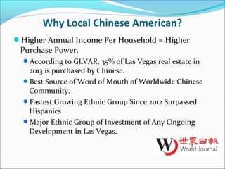 Why Local Chinese American?
Higher Annual Income Per Household = Higher
Purchase Power.
According to GLVAR, 35% of Las Vegas real estate in
2013 is purchased by Chinese.
Best Source of Word of Mouth of Worldwide Chinese
Community.
Fastest Growing Ethnic Group Since 2012 Surpassed
Hispanics
Major Ethnic Group of Investment of Any Ongoing
Development in Las Vegas.
 