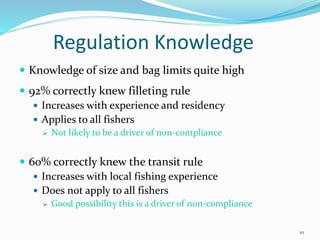 Regulation Knowledge
 Knowledge of size and bag limits quite high
 92% correctly knew filleting rule
 Increases with experience and residency
 Applies to all fishers
 Not likely to be a driver of non-compliance
 60% correctly knew the transit rule
 Increases with local fishing experience
 Does not apply to all fishers
 Good possibility this is a driver of non-compliance
10
 