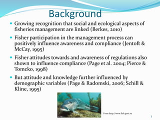 Background
 Growing recognition that social and ecological aspects of
fisheries management are linked (Berkes, 2010)
 Fisher participation in the management process can
positively influence awareness and compliance (Jentoft &
McCay, 1995)
 Fisher attitudes towards and awareness of regulations also
shown to influence compliance (Page et al. 2004; Pierce &
Tomcko, 1998)
 But attitude and knowledge further influenced by
demographic variables (Page & Radomski, 2006; Schill &
Kline, 1995)
3
From http://www.fish.govt.nz
 
