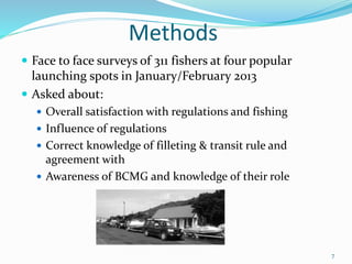 Methods
 Face to face surveys of 311 fishers at four popular
launching spots in January/February 2013
 Asked about:
 Overall satisfaction with regulations and fishing
 Influence of regulations
 Correct knowledge of filleting & transit rule and
agreement with
 Awareness of BCMG and knowledge of their role
7
 