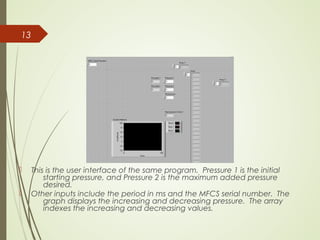  This is the user interface of the same program. Pressure 1 is the initial
starting pressure, and Pressure 2 is the maximum added pressure
desired.
 Other inputs include the period in ms and the MFCS serial number. The
graph displays the increasing and decreasing pressure. The array
indexes the increasing and decreasing values.
13
 