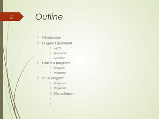 Outline
 Introduction
 Fluigent Equipment
 MFCS
 Flowboard
 M-Switch
 Labview program:
 Program 1
 Program2
 SciTe program
 Program 1
 Program2
 Conclusion


2
 