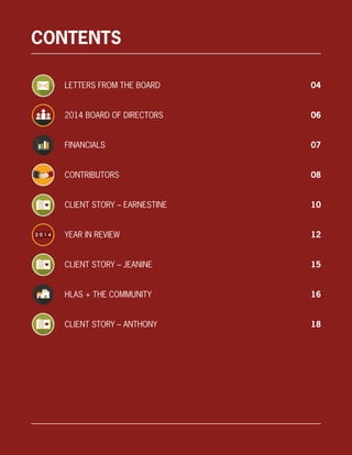 CONTENTS
LETTERS FROM THE BOARD
2014 BOARD OF DIRECTORS
FINANCIALS
CONTRIBUTORS
CLIENT STORY – EARNESTINE
YEAR IN REVIEW
CLIENT STORY – JEANINE
HLAS + THE COMMUNITY
CLIENT STORY – ANTHONY
04
06
07
08
10
12
15
16
18
 
