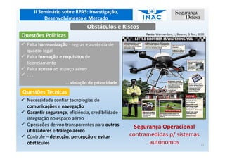 II Seminário sobre RPAS: Investigação,
Desenvolvimento e Mercado
12
Questões Politicas
Falta harmonização - regras e ausência de
quadro legal
Falta formação e requisitos de
licenciamento
Falta acesso ao espaço aéreo
. . .
… violação de privacidade
Fonte: Warmerdam, J., Buuren, G Ten., 2010
Segurança Operacional
contramedidas p/ sistemas
autónomos
Questões Técnicas
Necessidade confiar tecnologias de
comunicações e navegação
Garantir segurança, eficiência, credibilidade -
integração no espaço aéreo
Operações de voo transparentes para outros
utilizadores e tráfego aéreo
Controle – detecção, percepção e evitar
obstáculos
Obstáculos e Riscos
 