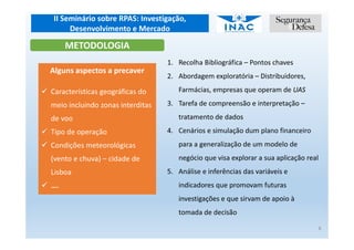 II Seminário sobre RPAS: Investigação,
Desenvolvimento e Mercado
8
METODOLOGIA
1. Recolha Bibliográfica – Pontos chaves
2. Abordagem exploratória – Distribuidores,
Farmácias, empresas que operam de UAS
3. Tarefa de compreensão e interpretação –
tratamento de dados
4. Cenários e simulação dum plano financeiro
para a generalização de um modelo de
negócio que visa explorar a sua aplicação real
5. Análise e inferências das variáveis e
indicadores que promovam futuras
investigações e que sirvam de apoio à
tomada de decisão
Alguns aspectos a precaver
Características geográficas do
meio incluindo zonas interditas
de voo
Tipo de operação
Condições meteorológicas
(vento e chuva) – cidade de
Lisboa
….
 
