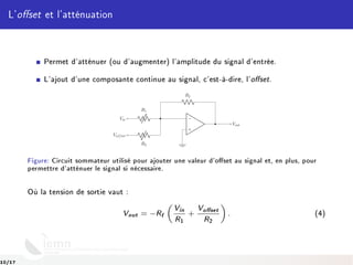 L'oset et l'atténuation
Permet d'atténuer (ou d'augmenter) l'amplitude du signal d'entrée.
L'ajout d'une composante continue au signal, c'est-à-dire, l'oset.
−
+
R1
Vin
Rf
R2
Voffset
Vout
Figure: Circuit sommateur utilisé pour ajouter une valeur d'oset au signal et, en plus, pour
permettre d'atténuer le signal si nécessaire.
Où la tension de sortie vaut :
Vout = −Rf
Vin
R1
+
Voset
R2
. (4)
10/17
 
