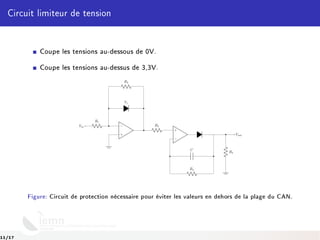 Circuit limiteur de tension
Coupe les tensions au-dessous de 0V.
Coupe les tensions au-dessus de 3,3V.
R2
Vz
−
+
−
+
R1
Vin R3
C
R4
R5
Vout
Figure: Circuit de protection nécessaire pour éviter les valeurs en dehors de la plage du CAN.
11/17
 