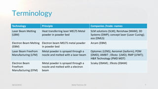 Terminology
28/10/2015 Metal Technics 3D 7
Technology Principle Companies /trade -names
Laser Beam Melting
(LBM)
Heat transferring laser MELTS Metal
powder in powder bed
SLM solutions (SLM); Renishaw (MAM); 3D
Systems (DMP); concept laser (Laser Cusing);
eos (DMLS)
Electron Beam Melting
(EBM)
Electron beam MELTS metal powder
in powder bed
Arcam (EBM)
Laser Beam Freefrom
Manufacturing (LFM)
Metal powder is sprayed through a
nozzle and melted with a laser beam
Optomec (LENS); Aeromet (lasform); POM
(DMD); AMBIT ; Efesto (LMD); RMP (LFMT);
H&R Technology (PMD MDT)
Electron Beam
Freefrom
Manufacturing (EFM)
Metal powder is sprayed through a
nozzle and melted with a electron
beam
Sciaky (EBAM) ; Efesto (EBAM)
 