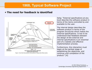 1968, Typical Software Project
•   The need for feedback is identified

                                          Selig: “External specifications at any
                                          level describe the software product in
                                          terms of the items controlled by and
                                          available to the user.

                                          The internal design describes the
                                          software product in terms of the
                                          program structures which realize the
                                          external specifications. It has to be
                                          understood that feedback between
                                          the design of the external and
                                          internal specifications is an essential
                                          part of a realistic and effective
                                          implementation process.

                                          Furthermore, this interaction must
                                          begin at the earliest stage of
                                          establishing the objectives, and
                                          continue until completion of the
                                          product.” [4]




                                                                © 2012 Elena Punskaya
                                                                                       10
                                           Cambridge University Engineering Department

                                                                                            10
 