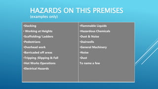 HAZARDS ON THIS PREMISES
(examples only)
•Stacking
• Working at Heights
•Scaffolding/ Ladders
•Pedestrians
•Overhead work
•Barricaded off areas
•Tripping ;Slipping & Fall
•Hot Works Operations
•Electrical Hazards
•Flammable Liquids
•Hazardous Chemicals
•Dust & Noise
•Stairwells
•General Machinery
•Noise
•Dust
To name a few
 