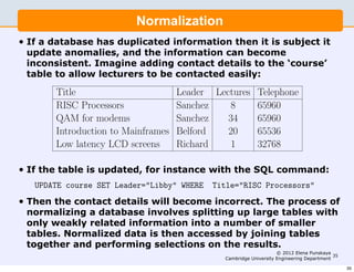 Normalization
                          Normalization
                           Normalization
    If a database has has duplicated information thenisitsubject it up-up-
         If a database duplicated information then it     is subject it
• Ifdate anomalies, and the information can become inconsistent.
     a database has duplicated information then it is subject it
         date anomalies, and the information can become inconsistent.
  update anomalies, and the information can becomelec-
    Imagine adding contact details to the the ‘course’ table allow
         Imagine adding contact detailscontact detailsto to allow lec-
  inconsistent. Imagine adding
                                        to ‘course’ table to the ‘course’
    turers toallow contacted to be
               be contacted easily:
  table turers to belecturers easily: contacted easily:
          to
      Title
          Title                   Leader Lectures Telephone
                                     Leader Lectures Telephone
      RISC Processors
          RISC Processors         Sanchez
                                     Sanchez 8 8 6596065960
      QAM for modems
          QAM for modems          Sanchez
                                     Sanchez 34 34 65960
                                                      65960
      Introduction to Mainframes Belford
          Introduction to Mainframes Belford 20 20 65536
                                                      65536
      LowLow latency LCD screens Richard
            latency LCD screens      Richard 1 1 3276832768

•
      If the table is updated, for for instance the the the SQL command:
    If the
           If table is updated, instance with with SQL command:
              the table is updated, for instance with SQL command:
     UPDATE course SET SET Leader=Libby WHERE Title=RISC Processors
         UPDATE course Leader=Libby WHERE Title=RISC Processors
•   Then Then contact details will become incorrect. The process of
          the the contact details
      Then the contact details will will become incorrect. The process of
                                    become incorrect. The process of
    normalizing a database involves splitting up large tables with
      normalizing related information splitting up large tables with
          normalizing a database involves into a large tables with
    only weakly a database involves splitting upnumber of smaller
    tables. Normalized data is theninto a numbersmaller tables.
      onlyonly weakly related information accessed by joining tables.
           weakly related information into a number of of smaller tables
    together and performing accessed joining tablesresults. and
      Normalized datadata is then selectionsjoining tables together and
          Normalized is then accessed by by on the together
                                                                      © 2012 Elena Punskaya
     performing selections on the the results.
         performing selections on results.                                                   35
                                                 Cambridge University Engineering Department

                                                                                                  35
 