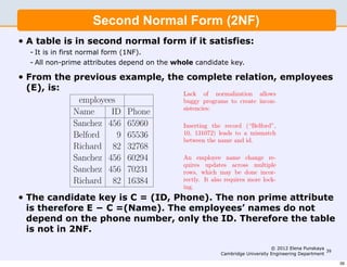 Second Normal Form (2NF)
                   A tableSecond normal form if it satisﬁes:
                             is in second Normal Form (2NF)
                     1. It is in ﬁrst normal form (1NF).
•   A table is in second normal form if it satisfies:
                     2. All non-prime attributes depend on the whole candidate key.
     - It is in first normal form (1NF).
     - All non-prime attributes depend on the whole candidate key.
             From the previous example, the complete relation, employees(E),
•   From the previous example, the complete relation, employees
    (E), is:
             is:
                                                 Lack of normalization allows
                  employees                      buggy programs to create incon-
                                                 sistencies:
                 Name     ID     Phone
                 Sanchez 456     65960           Inserting the record (“Belford”,
                 Belford    9    65536           10, 131072) leads to a mismatch
                                                 between the name and id.
                 Richard 82      32768
                 Sanchez 456     60294           An employee name change re-
                                                 quires updates across multiple
                 Sanchez 456     70231           rows, which may be done incor-
                 Richard 82      16384           rectly. It also requires more lock-
                                                 ing.
•   The candidate key is Cis= (ID, Phone). The non prime attribute
             The candidate key C = (ID, Phone). The non prime attribute
    is therefore E − CE − C =(Name). The employees’ names do do not
             is therefore =(Name). The employees’ names not
    depend on theon the phone number, onlythe ID. Therefore the table table
             depend phone number, only the ID. Therefore the
    is not in 2NF.
             is not in 2NF. A 2NF design is:
                                                                                    © 2012 Elena Punskaya
                                     contacts                  Cambridge University Engineering Department
                                                                                                           39


                                    ID Phone                                                                    39
 