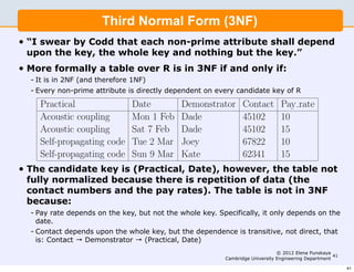 upon the key, the whole key and nothing but the key.”
                         Third Normal Form (3NF)
      More formally a table over R is in 3NF iﬀ:
•   “I swear by Codd that each non-prime attribute shall depend
    upon It is in 2NF the whole key and nothing but the key.”
       1. the key, (and therefore 1NF)
•   More Every non-prime attribute R is in 3NF if and only if:
      2. formally a table over is directly dependent on every
    - It is in 2NF (and key of R. 1NF)
            candidate therefore
    - Every non-prime attribute is directly dependent on every candidate key of R

     Practical             Date      Demonstrator Contact Pay rate
     Acoustic coupling     Mon 1 Feb Dade         45102   10
     Acoustic coupling     Sat 7 Feb Dade         45102   15
     Self-propagating code Tue 2 Mar Joey         67822   10
     Self-propagating code Sun 9 Mar Kate         62341   15
    The candidate key is:
• The candidate key is (Practical, Date), however, the table not
    fully normalized because there is repetition of data (the
      (Practical,Date)
    contact numbers and the pay rates). The table is not in 3NF
    because:
      Table is not fully normalized because there is repetition of data
    - Pay rate depends on the key, but not the whole key. Specifically, it only depends on the
      date. contact numbers and the pay rates). The table is not in
       (the
    - Contact depends upon the whole key, but the dependence is transitive, not direct, that
       3NF because:
      is: Contact → Demonstrator → (Practical, Date)

       • Pay rate depends on the key, but not the whole key. Specif- Elena Punskaya 41
                                                                         © 2012
                                                    Cambridge University Engineering Department

         ically, it only depends on the date.                                                     41
 