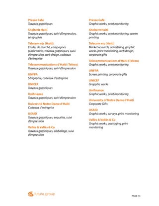 PAGE 13
Presse Café
Travaux graphiques
ShelterIt Haiti
Travaux graphiques, suivi d’impression,
sérigraphie
Telecom etc (Haiti)
Etudes de marché, campagnes
publicitaires, travaux graphiques, suivi
d’impression, web design, cadeaux
d’entreprise
Telecommunications d’Haïti (Teleco)
Travaux graphiques, suivi d’impression
UNFPA
Sérigaphie, cadeaux d’entreprise
UNICEF
Travaux graphiques
Unifinance
Travaux graphiques, suivi d’impression
Université Notre Dame d’Haïti
Cadeaux d’entreprise
USAID
Travaux graphiques, enquêtes, suivi
d’impression
Vallès & Vallès & Co
Travaux graphiques, emballage, suivi
d’impression
Presse Café
Graphic works, print monitoring
ShelterIt Haiti
Graphic works, print monitoring, screen
printing
Telecom etc (Haiti)
Market research, advertising, graphic
works, print monitoring, web design,
corporate gifts
Telecommunications d’Haiti (Teleco)
Graphic works, print monitoring
UNFPA
Screen printing, corporate gifts
UNICEF
Grapphic works
Unifinance
Graphic works, print monitoring
University of Notre Dame d’Haiti
Corporate Gifts
USAID
Graphic works, surveys, print monitoring
Vallès & Vallès & Co
Graphic works, packaging, print
monitoring
 
