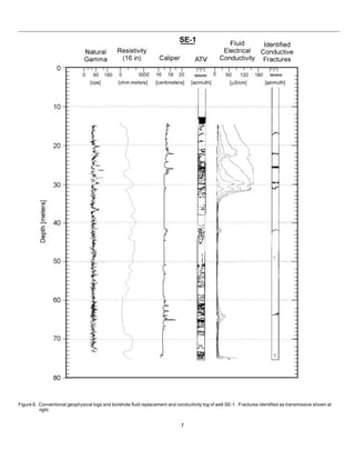 7
Figure 6. Conventional geophysical logs and borehole fluid replacement and conductivity log of well SE-1. Fractures identified as transmissive shown at
right.
 