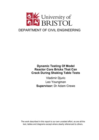 DEPARTMENT OF CIVIL ENGINEERING
The work described in this report is our own unaided effort, as are all the
text, tables and diagrams except where clearly referenced to others.
Dynamic Testing Of Model
Reactor Core Bricks That Can
Crack During Shaking Table Tests
Vladimir Djuric
Leo Youngman
Supervisor: Dr Adam Crewe
 