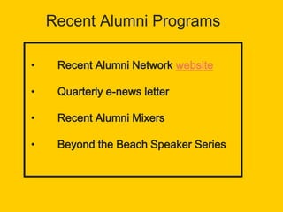 Recent Alumni Programs
• Recent Alumni Network website
• Quarterly e-news letter
• Recent Alumni Mixers
• Beyond the Beach Speaker Series
 