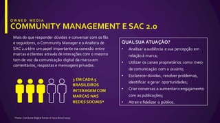 Mais  do  que  responder  dúvidas  e  conversar  com  os  fãs  
e  seguidores,  o  Community  Manager  e  o  Analista  de  
SAC  2.0  têm  um  papel  importante  na  conexão   entre  
marcas  e  clientes  através  de  interações  com  o  mesmo  
tom  de  voz  da  comunicação   digital  da  marca  em  
comentários,  respostas  e  mensagens  privadas.
*Fonte:  ComScore (Digital  Future  in  Focus  Brazil2015)
QUAL  SUA  ATUAÇÃO?
• Analisar  a  audiência   e  sua  percepção  em  
relação  à  marca;
• Utilizar  os  canais  proprietários  como  meio  
de  comunicação   com  o  usuário;
• Esclarecer  dúvidas,  resolver  problemas,  
identificar   e  gerar    oportunidades;
• Criar  conversas  e  aumentar  o  engajamento  
com  as  publicações;
• Atrair  e  fidelizar  o  público.
3  EM  CADA  5  
BRASILEIROS  
INTERAGEM  COM  
MARCAS  NAS  
REDES  SOCIAIS*  
 