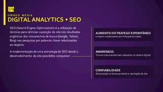 SEO  (Search  Engine  Optimization)  é  a  utilização  de  
técnicas  para  otimizar  a  posição  do  site  nos  resultados  
orgânicos  dos  mecanismos  de  busca  (Google,  Yahoo!,  
Bing)  nas  pesquisas  por  palavras  chave  relacionadas  
ao  negócio.
A  implementação  de  uma  estratégia  de  SEO  desde  o  
desenvolvimento   do  site  possibilita  conquistar:
AUMENTO  DO  TRÁFEGO  ESPONTÂNEO
e  menor  investimento  em  links  patrocinados
AWARENESS
Torna  a  marca  ainda  mais  relevante  no  cenário  digital
CONFIABILIDADE
Alta  posição  na  busca  aumenta  a  reputação  do  site
 