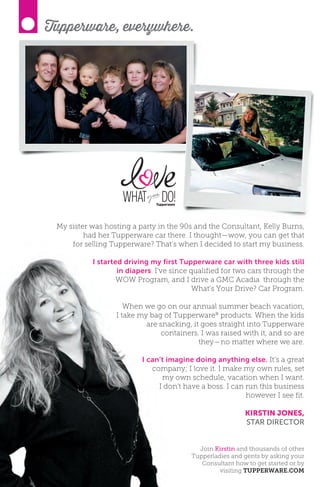 10
Tupperware, everywhere.
Join Kirstin and thousands of other
Tupperladies and gents by asking your
Consultant how to get started or by
visiting TUPPERWARE.COM
My sister was hosting a party in the 90s and the Consultant, Kelly Burns,
had her Tupperware car there. I thought—wow, you can get that
for selling Tupperware? That’s when I decided to start my business.
I started driving my first Tupperware car with three kids still
in diapers. I’ve since qualified for two cars through the
WOW Program, and I drive a GMC Acadia through the
What’s Your Drive? Car Program.
When we go on our annual summer beach vacation,
I take my bag of Tupperware®
products. When the kids
are snacking, it goes straight into Tupperware
containers. I was raised with it, and so are
they—no matter where we are.
I can’t imagine doing anything else. It’s a great
company; I love it. I make my own rules, set
my own schedule, vacation when I want.
I don’t have a boss. I can run this business
however I see fit.
KIRSTIN JONES,
STAR DIRECTOR
 