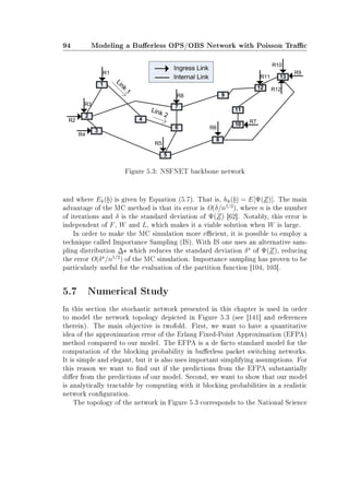 94 Modeling a Buerless OPS/OBS Network with Poisson Trac
Figure 5.3: NSFNET backbone network
and where Ek(b) is given by Equation (5.7). That is, hk(b) = E[Ψ(Z)]. The main
advantage of the MC method is that its error is O(δ/n1/2
), where n is the number
of iterations and δ is the standard deviation of Ψ(Z) [62]. Notably, this error is
independent of F, W and L, which makes it a viable solution when W is large.
In order to make the MC simulation more ecient, it is possible to employ a
technique called Importance Sampling (IS). With IS one uses an alternative sam-
pling distribution ∆ which reduces the standard deviation δ of Ψ(Z), reducing
the error O(δ /n1/2
) of the MC simulation. Importance sampling has proven to be
particularly useful for the evaluation of the partition function [104, 103].
5.7 Numerical Study
In this section the stochastic network presented in this chapter is used in order
to model the network topology depicted in Figure 5.3 (see [141] and references
therein). The main objective is twofold. First, we want to have a quantitative
idea of the approximation error of the Erlang Fixed-Point Approximation (EFPA)
method compared to our model. The EFPA is a de facto standard model for the
computation of the blocking probability in buerless packet switching networks.
It is simple and elegant, but it is also uses important simplifying assumptions. For
this reason we want to nd out if the predictions from the EFPA substantially
dier from the predictions of our model. Second, we want to show that our model
is analytically tractable by computing with it blocking probabilities in a realistic
network conguration.
The topology of the network in Figure 5.3 corresponds to the National Science
 