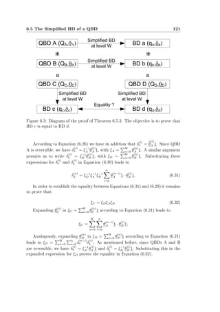 6.5 The Simplied BD of a QBD 121
Figure 6.3: Diagram of the proof of Theorem 6.5.3. The objective is to prove that
BD c is equal to BD d.
According to Equation (6.26) we have in addition that δ
(i)
a = θ
(i)
A 1. Since QBD
A is reversible, we have δ
(i)
a = ξ−1
A θ
(i)
A 1, with ξA = W
n=0 θ
(n)
A 1. A similar argument
permits us to write δ
(i)
b = ξ−1
B θ
(i)
B 1, with ξB = W
n=0 θ
(n)
B 1. Substituting these
expressions for δ
(i)
a and δ
(i)
b in Equation (6.30) leads to
δ
(n)
d = ξ−1
D ξ−1
A ξ−1
B
n
i=0
θ
(n−i)
A 1 · θ
(i)
B 1. (6.31)
In order to establish the equality between Equations (6.31) and (6.29) it remains
to prove that:
ξC = ξDξAξB. (6.32)
Expanding θ
(n)
C in ξC = W
n=0 θ
(n)
C 1 according to Equation (6.21) leads to
ξC =
W
n=0
n
i=0
θ
(n−i)
A 1 · θ
(i)
B 1.
Analogously, expanding θ
(n)
D in ξD = W
n=0 θ
(n)
D 1 according to Equation (6.21)
leads to ξD = W
n=0
n
i=0 δ
(n−i)
a δ
(i)
b . As mentioned before, since QBDs A and B
are reversible, we have δ
(i)
a = ξ−1
A θ
(i)
A 1 and δ
(i)
b = ξ−1
B θ
(i)
B 1. Substituting this in the
expanded expression for ξD proves the equality in Equation (6.32).
 