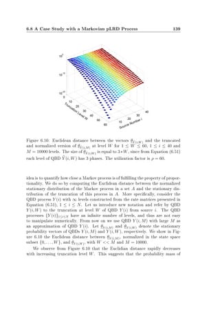 6.8 A Case Study with a Markovian pLRD Process 139
Figure 6.10: Euclidean distance between the vectors θY (i,W) and the truncated
and normalized version of θY (i,M) at level W for 1 ≤ W ≤ 60, 1 ≤ i ≤ 40 and
M = 10000 levels. The size of θY (i,W) is equal to 3∗W, since from Equation (6.51)
each level of QBD Y (i, W) has 3 phases. The utilization factor is ρ = 60.
idea is to quantify how close a Markov process is of fullling the property of propor-
tionality. We do so by computing the Euclidean distance between the normalized
stationary distribution of the Markov process in a set A and the stationary dis-
tribution of the truncation of this process in A. More specically, consider the
QBD process Y (i) with ∞ levels constructed from the rate matrices presented in
Equation (6.51), 1 ≤ i ≤ N. Let us introduce new notation and refer by QBD
Y (i, W) to the truncation at level W of QBD Y (i) from source i. The QBD
processes {Y (i)}1≤i≤N have an innite number of levels, and thus are not easy
to manipulate numerically. From now on we use QBD Y (i, M) with large M as
an approximation of QBD Y (i). Let θY (i,M) and θY (i,W) denote the stationary
probability vectors of QBDs Y (i, M) and Y (i, W), respectively. We show in Fig-
ure 6.10 the Euclidean distance between θY (i,M), normalized in the state space
subset {0, . . . , W}, and θY (i,W), with W  M and M = 10000.
We observe from Figure 6.10 that the Euclidian distance rapidly decreases
with increasing truncation level W. This suggests that the probability mass of
 