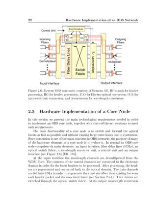 22 Hardware Implementation of an OBS Network
Figure 2.6: Generic OBS core node, courtesy of Siemens AG. HP stands for header
processing, HG for header generation, E/O for Electro-optical conversion, O/E for
opto-electronic conversion, and λ-conversion for wavelength conversion.
2.5 Hardware Implementation of a Core Node
In this section we present the main technological requirements needed in order
to implement an OBS core node, together with state-of-the-art solutions to meet
such requirements.
The main functionality of a core node is to switch and forward the optical
bursts as fast as possible and without causing large burst losses due to contention.
Since contention is one of the main concerns in OBS networks, the purpose of many
of the hardware elements in a core node is to reduce it. In general an OBS core
node comprises six main elements: an input interface, ber delay lines (FDLs), an
optical switch fabric, a wavelength converter unit, a control unit and an output
interface (see Figure 2.6) [134, 135].
At the input interface the wavelength channels are demultiplexed from the
WDM ber. The contents of the control channels are converted to the electronic
domain in order for the burst headers to be processed. After processing, the head-
ers are regenerated and converted back to the optical domain. The data channels
are fed into FDLs in order to regenerate the constant oset time existing between
each header packet and its associated burst (see Section 2.5.1). Then bursts are
switched through the optical switch fabric. At its output wavelength conversion
 