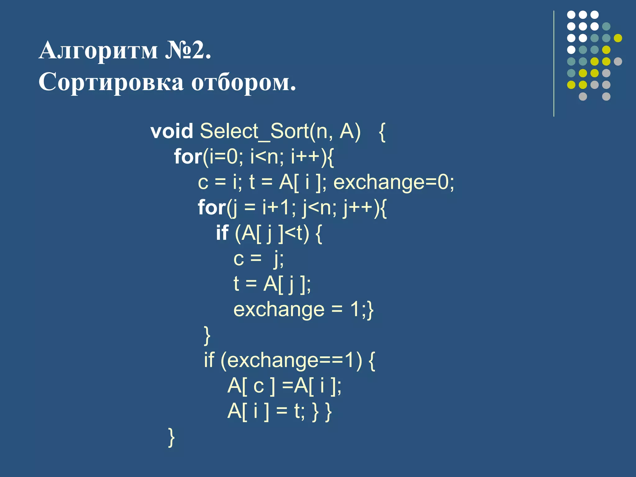 Алгоритм №2.
Сортировка отбором.
void Select_Sort(n, A) {
for(i=0; i<n; i++){
c = i; t = A[ i ]; exchange=0;
for(j = i+1; j<n; j++){
if (A[ j ]<t) {
c = j;
t = A[ j ];
exchange = 1;}
}
if (exchange==1) {
A[ c ] =A[ i ];
A[ i ] = t; } }
}
 