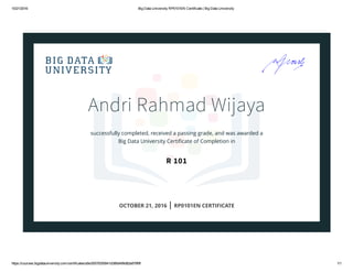 10/21/2016 Big Data University RP0101EN Certificate | Big Data University
https://courses.bigdatauniversity.com/certificates/a5e35578355841d389d499d82e878f9f 1/1
Andri Rahmad Wijaya
successfully completed, received a passing grade, and was awarded a
Big Data University Certiﬁcate of Completion in
R 101
OCTOBER 21, 2016 | RP0101EN CERTIFICATE
 