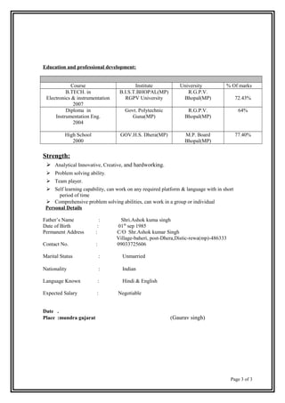 Education and professional development:
Course Institute University % Of marks
B.TECH. in
Electronics & instrumentation
2007
B.I.S.T.BHOPAL(MP)
RGPV University
R.G.P.V.
Bhopal(MP) 72.43%
Diploma in
Instrumentation Eng.
2004
Govt. Polytechnic
Guna(MP)
R.G.P.V.
Bhopal(MP)
64%
High School
2000
GOV.H.S. Dhera(MP) M.P. Board
Bhopal(MP)
77.40%
Strength:
 Analytical Innovative, Creative, and hardworking.
 Problem solving ability.
 Team player.
 Self learning capability, can work on any required platform & language with in short
period of time
 Comprehensive problem solving abilities, can work in a group or individual
Personal Details
Father’s Name : Shri.Ashok kuma singh
Date of Birth : 01th
sep 1985
Permanent Address : C/O Shr.Ashok kumar Singh
Village-baheri, post-Dhera,Distic-rewa(mp)-486333
Contact No. : 09033725606
Marital Status : Unmarried
Nationality : Indian
Language Known : Hindi & English
Expected Salary : Negotiable
Date .
Place :mundra gujarat (Gaurav singh)
Page 3 of 3
 