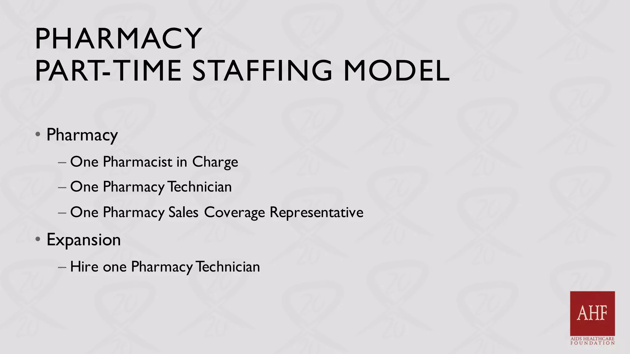 PHARMACY
PART-TIME STAFFING MODEL
• Pharmacy
– One Pharmacist in Charge
– One PharmacyTechnician
– One Pharmacy Sales Coverage Representative
• Expansion
– Hire one PharmacyTechnician
 