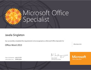 Javela Singleton Word 2013 Certificate