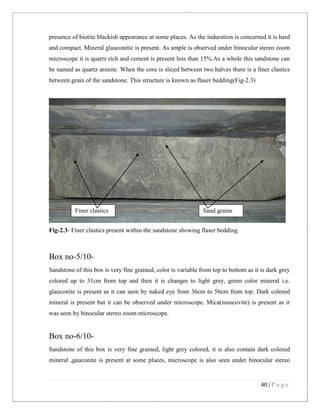 40 | P a g e
presence of biotite blackish appearance at some places. As the induration is concerned it is hard
and compact. Mineral glauconitic is present. As ample is observed under binocular stereo zoom
microscope it is quartz rich and cement is present less than 15%.As a whole this sandstone can
be named as quartz arenite. When the core is sliced between two halves there is a finer clastics
between grain of the sandstone. This structure is known as flaser bedding(Fig-2.3)
Fig-2.3- Finer clastics present within the sandstone showing flaser bedding.
Box no-5/10-
Sandstone of this box is very fine grained, color is variable from top to bottom as it is dark grey
colored up to 31cm from top and then it is changes to light grey, green color mineral i.e.
glauconite is present as it can seen by naked eye from 36cm to 56cm from top. Dark colored
mineral is present but it can be observed under microscope. Mica(muscovite) is present as it
was seen by binocular stereo zoom microscope.
Box no-6/10-
Sandstone of this box is very fine grained, light grey colored, it is also contain dark colored
mineral ,gauconite is present at some places, microscope is also seen under binocular stereo
Finer clastics Sand grains
 